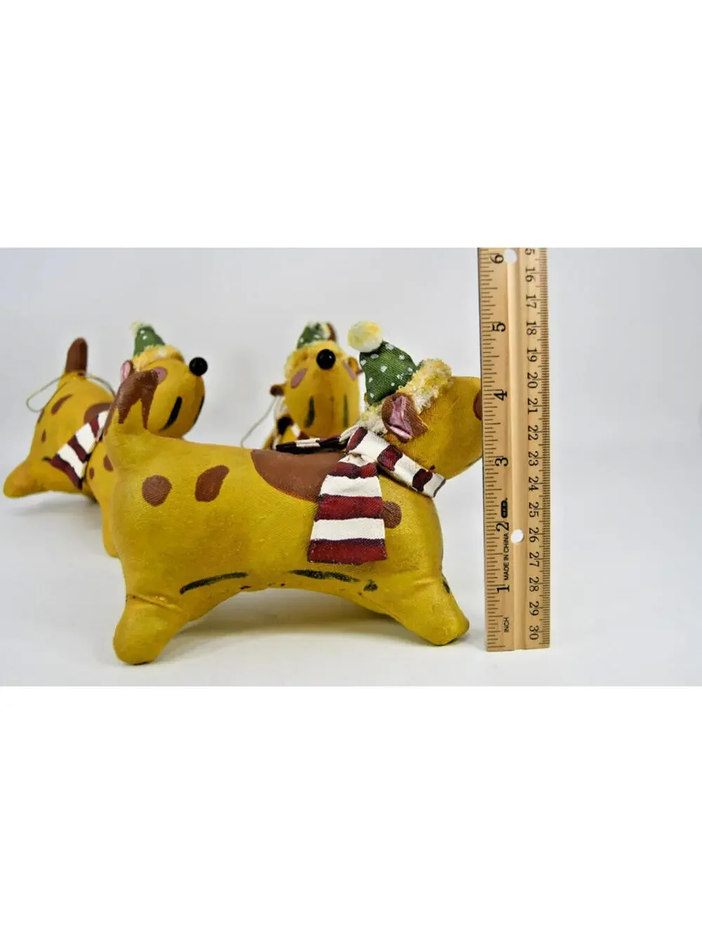 VTG Fabric Mache Christmas Ornament Spotted Dog Pup Scarf Hat Painted Hard Plush